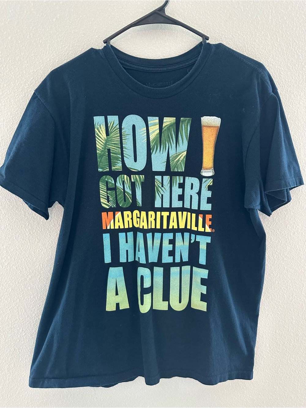 Margaritaville Navy Tee with Tropical Lettering and Beer Graphic